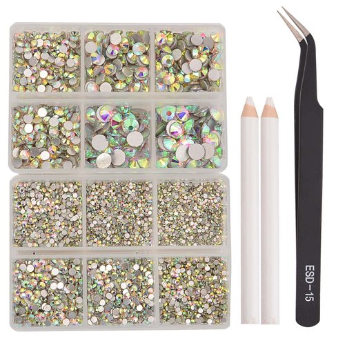 NCB 8000pcs Non Hotfix Rhinestones 10 Sizes Flatback Crystal Glass Rhinestones with Tweezers and Picking Pen for Nail Art Clothes Bags Phone Decorations Crafts DIY (001ab Crystal AB Mix SS3-SS30)
