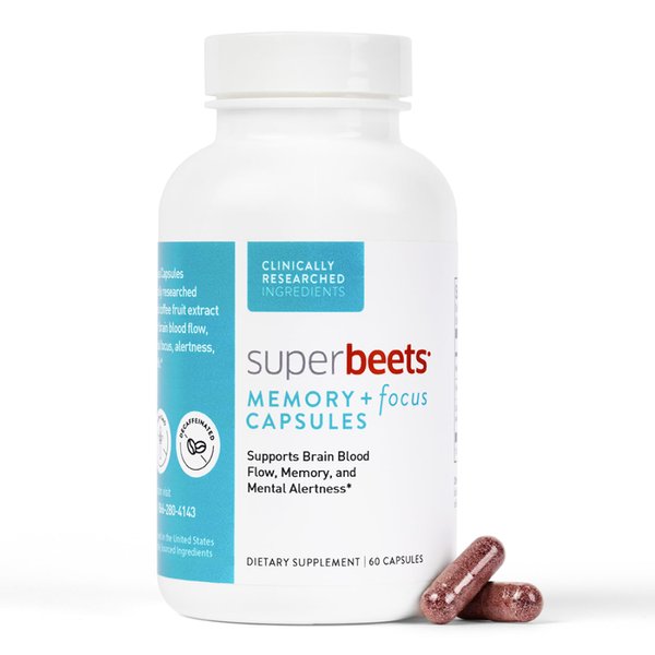 humanN SuperBeets Memory & Focus Brain Supplement Capsules – Mental Alertness – Clinically Studied Nootropics, Resveratrol Plus Beet Root Powder, Sugar-Free, 60 Count