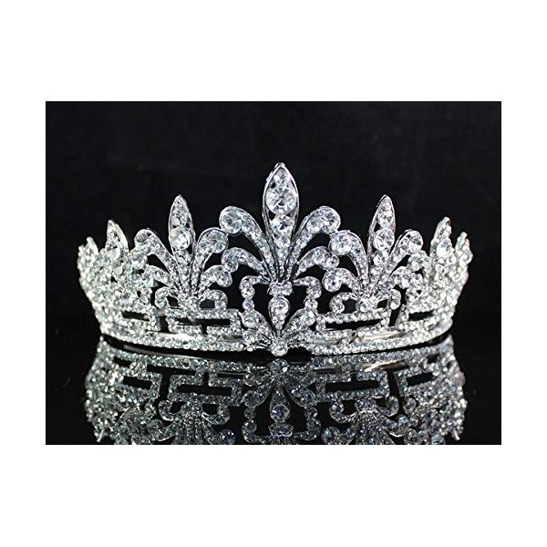 Clear White Austrian Rhinestone Crystal Spencer Honeysuckle Tiara Crown with Hair Combs Veil Headband Headpiece Wedding Party Prom Bridal Pageant T1536 Silver