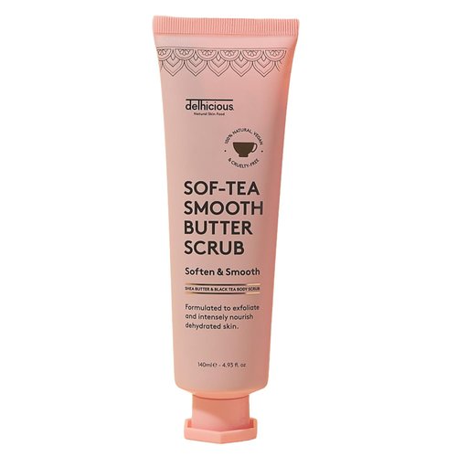 Delhicious Black Tea Body Scrub Exfoliator for Very Dry Skin - Super Soft-Tea - Hydrating Moisturizer & Exfoliating Scrub in One - Natural, Vegan, Ayurveda - 140ml