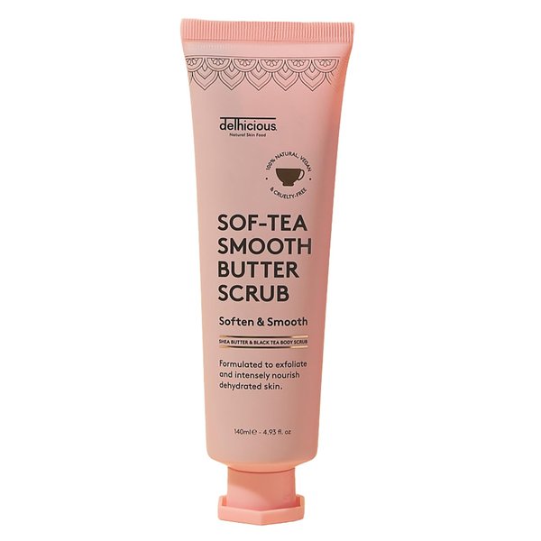 Delhicious Black Tea Body Scrub Exfoliator for Very Dry Skin - Super Soft-Tea - Hydrating Moisturizer & Exfoliating Scrub in One - Natural, Vegan, Ayurveda - 140ml