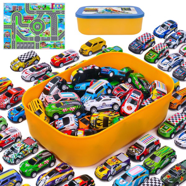 ledorr 50 Pack Pull Back Toy Cars, Toddler Toys, Toy Cars with Storage Box, Party Favors for Kids, Mini Toys Race Cars Bulk, Gift for Boys Girls Toddlers 3 4 5 6 7 Year Old