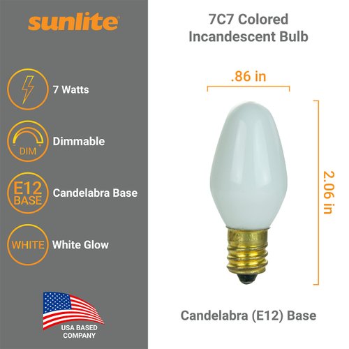 Sunlite 01285 7C7 Incandescent Bulb, 7 Watt, Candelabra E12 Base, C7 Small Night Light, Colored Bulb, White, 25 Count