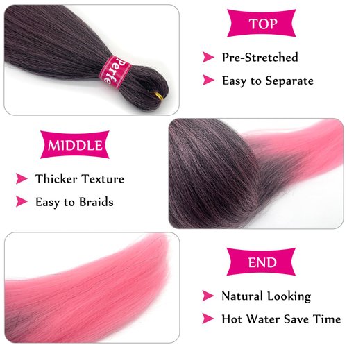 Ombre Pink Braiding Hair Pre Stretched Kanekalon Knotless Prestretched Braiding Hair 26 inch Colored Hair Extensions for Braiding Pre Stretched Micro Braids Itch Free Yaki Short Braiding Hair Ombre