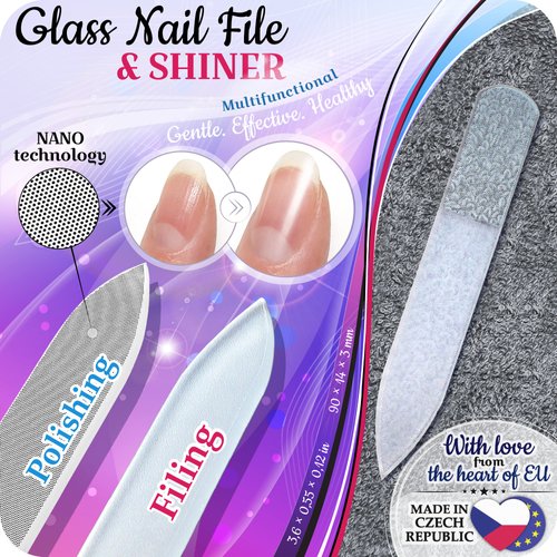 Genuine Czech Glass Nail File Set - Multi-Functional Shiner Buffer, Double Sided Different Grit Etched Surface, Manicure & Pedicure, Professional Nail Care Tool, EU Quality by GLADZY
