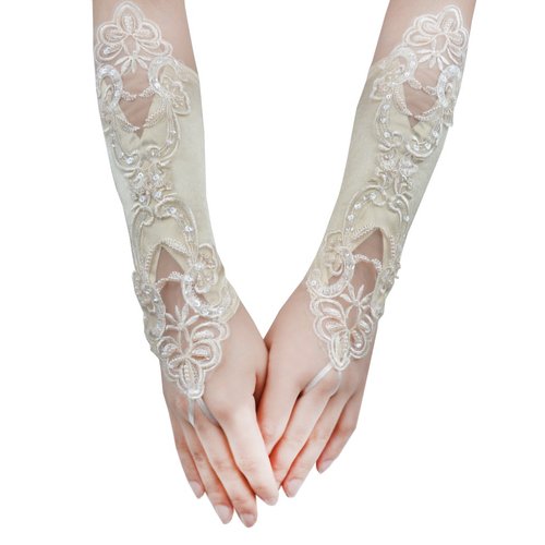 JISEN Women Banquet Party Fingerless Elegant Lace Embroidered Bridal Gloves 11 Inch Champagne