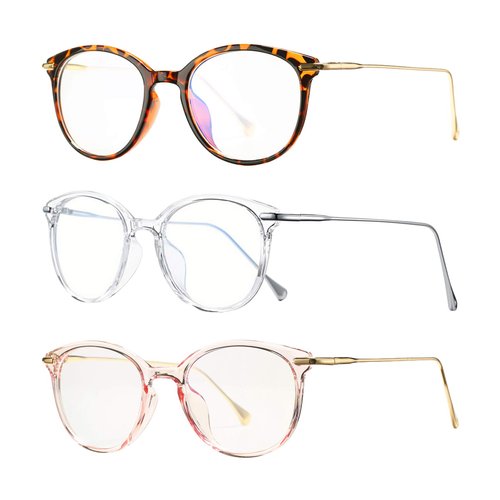 COASION Blue Light Blocking Glasses for Women Vintage Round Anti Blue Ray Computer Game Eyeglasses 3 Pack (Tortoise/Gold + Transparent/Silver + Clear Pink/Gold)