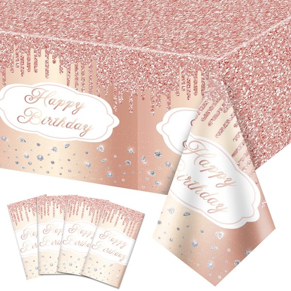 PIXHOTUL Rose Gold Tablecloths, Rose Gold Party Decorations 4Pcs Disposable Plastic Table Covers Rectangle Table Cloth for Girl Mom Women's Birthday Party