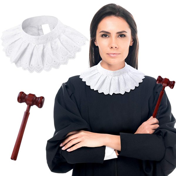2 Pieces Lace False Collar Judge Choker Blouse Collar and Judge Wooden Gavel for Halloween Judge Cosplay Party Favors Multicoloured