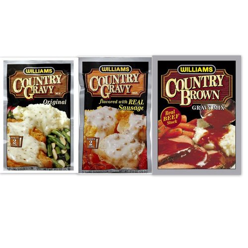 Williams Country Gravy Variety Bundle includes 2-Pack Country Gravy mix flavored with Real Sausage, 2.5 oz + 2-Pack Country Gravy Original Mix, 2.5 oz + 2-Pack Country Brown Mix, 1 oz