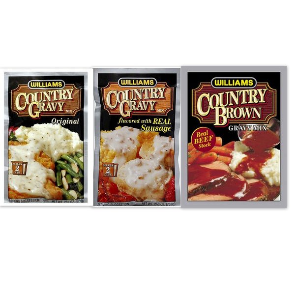 Williams Country Gravy Variety Bundle includes 2-Pack Country Gravy mix flavored with Real Sausage, 2.5 oz + 2-Pack Country Gravy Original Mix, 2.5 oz + 2-Pack Country Brown Mix, 1 oz