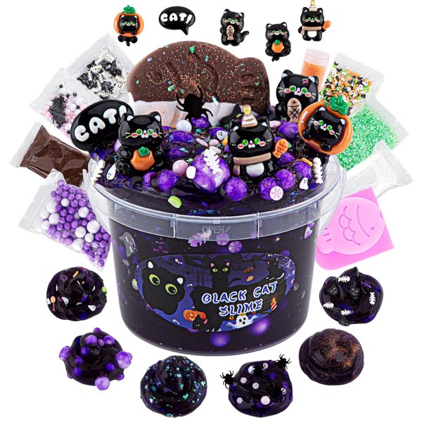 300ml Black Cat Slime with Clay, Dark Purple Clear Slime Kit for Girls Ages 8-12 with 9 Packs Slime Add-Ins, Slime for Kids Party Favors, Non Stick Slime Toys Birthday Halloween Christmas Easter Gifts