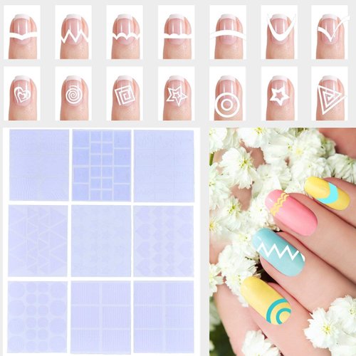MOLILON 2720pcs French Tip Nail Guides French Nail Stickers Stencil French Nail Art Tips Guides Self Adhesive French Manicure Strips for Edge Auxiliary Stickers Decals (60 Designs, 36 Sheets)