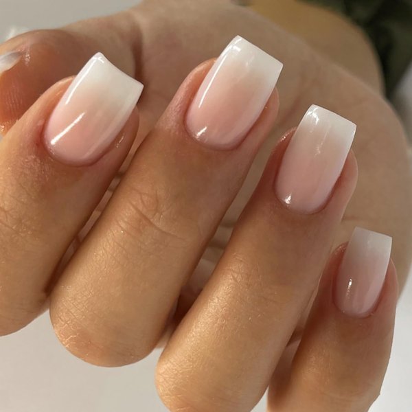 French Tip Press on Nails Short Square White and Pink Gradient Designs Full Cover Glue on Nails Short Coffin Acrylic False Nails Artificial Glossy Stick on Nails for Women Girls Manicure Kits 24 Pcs