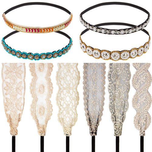 WILLBOND 10 Pieces Rhinestone Beaded Headbands Elastic Elegant Lace Handmade Headwraps Wide Hair Bands Vintage Crystal Jewelry Hairbands for Girls Women Hair Accessories