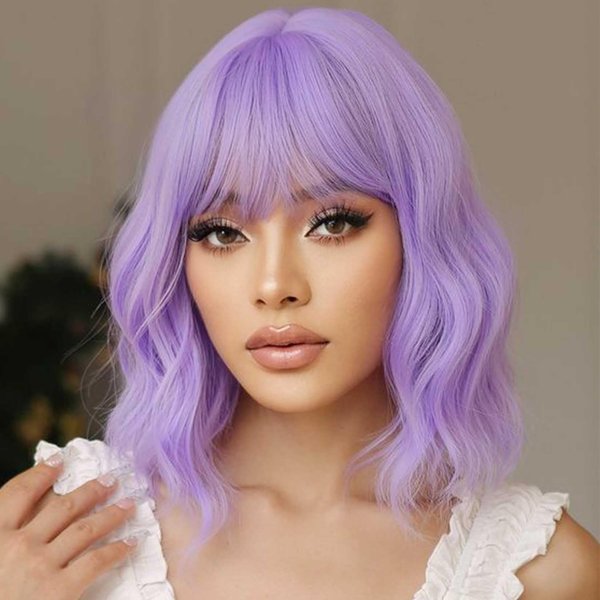 andromeda Purple Wig with Bangs Soft Short Bob Wavy Wigs for Women Synthetic Shoulder Length Women's Curly Wigs for Halloween Costumes Cosplay Daily (Purple)