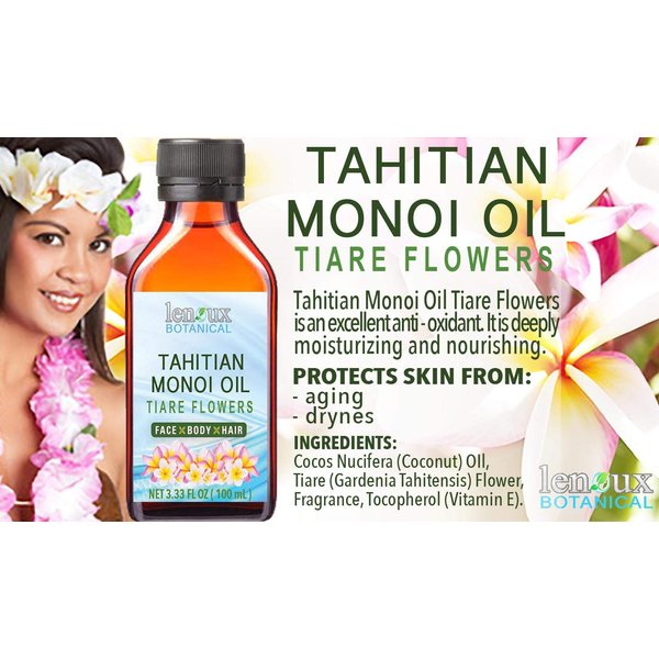 TAHITIAN MONOI OIL TIARE (COCONUT OIL and TIARE FLOWERS). Moisturizing, Toning, & Anti Aging Benefits. For Face & Body, Hair, Lip and Nail Care. 3.33 Fl.oz.- 100 ml.