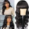 USUKUSI 28Inch Lace Front Wigs Human Hair Pre-Plucked Long Black Wig with Bangs, long wavy hair bangs wig synthetic replacement heat resistant fiber， Natural Curly Bangs for Girl Daily Party Use