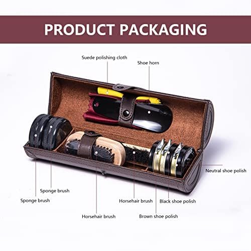 YUET Shoe Polish Kit Cleaning Shine Care Barrel Set For Brown Black Leather With Brush Travel Case Luxury Premium Soft Horsehair Bristle Dauber, Wooden Applicator, Shoehorn, Cloth 12 Piece Brown Pouch