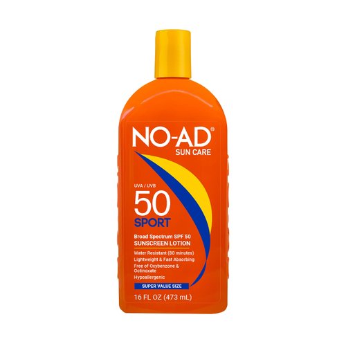 NO-AD SPF 50 SPORT Sunscreen Lotion | Hypoallergenic | Broad Spectrum UVA/UVB Protection | Water Resistant | Octinoxate & Oxybenzone Free with moisturizing Vitamin E and Aloe 16oz