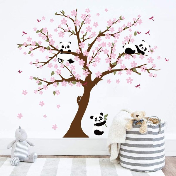 Runtoo Panda Wall Decal Cherry Blossom Wall Art Stickers for Living Room Bedroom Baby Nursery Kids Wall Décor