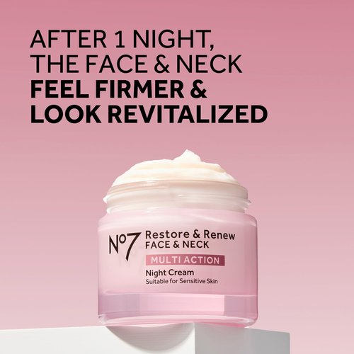 No7 Restore & Renew Multi Action Face & Neck Night Cream - Collagen Peptide Anti Aging Face Cream - Hydrating Hyaluronic Acid Night Cream - Shea Butter + Vitamin E Skin Firming Night Cream (50ml)