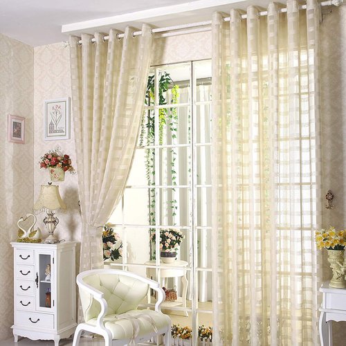 JAIJY 78" Volie Semi Screen 2Pc Tulle Backdrop Curtains Buffalo Check Striped Gingham Sheer Linen Fabric Window Curtain Panel Decorative Grommet Top Bedroom Drapes, 2 Panels, 78 inch Length, Beige
