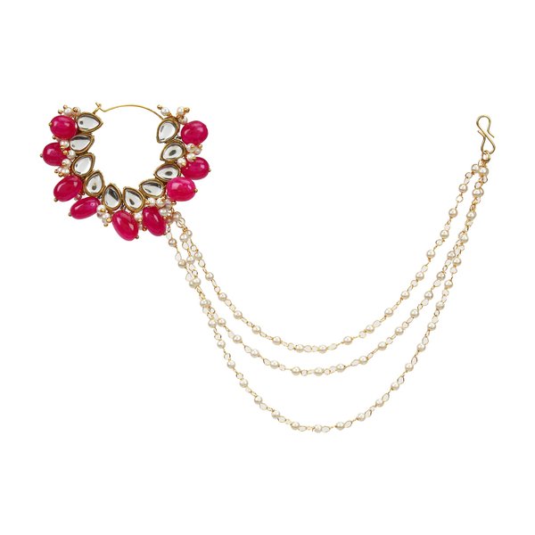 Abhika Creations Handmade Indian Tradtional Nath With Hair Chain Golden Pierce Nose Ring With Hair Chain Designer Bridal Jewelry Nathani Stylish Nose Ring (Maharani Nath)