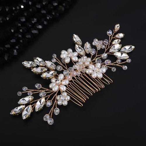 Teyglen Flower Pearl Bride Wedding Hair Comb Gold Crystal Hair Comb Bridal Hair Piece Decorative Hair Accessories for Bride Rhinestone Headpiece for Women Grils (Gold)