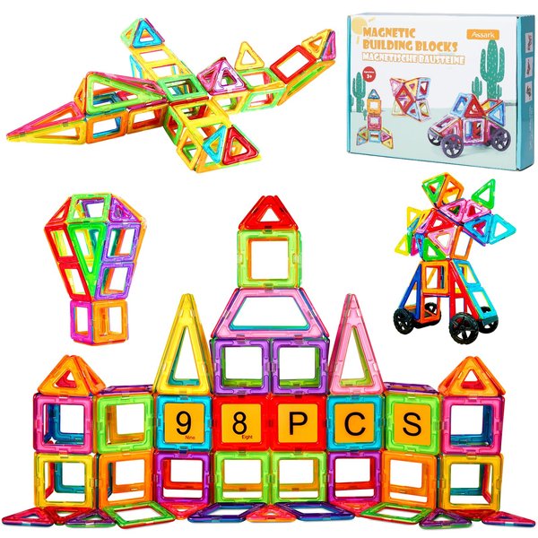 Assark Magnetic Tiles, 98pcs Magnetic Blocks Set Magnet Toys with 2 Cars, Kids Magnetic Building Blocks Set for 3 4 5 6 7 8+ Year Old Boys Girls, STEM Preschool Toys for Gift