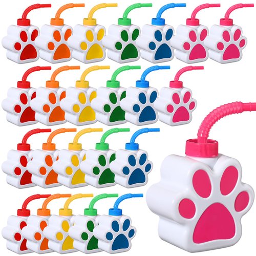 Sratte 10 oz Dog Paw Cups with Straw and Lid Dog Themed Birthday Party Supplies, Cute Print Plastic Puppy Drinking Cup Bulk for Kids Birthday Dog Theme Party Favors Decoration(24 Pcs)
