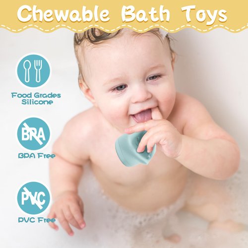 Olasmailo 4PCS Silicone Bath Toys for Toddlers 3-4 Years, Mold Free Bath Toys, Dinosaur Bath Toys, Organic Baby Toys, Squeeze Toys, Baby Beach Toys, Teething Toys, Chew Toys for Sucking Needs