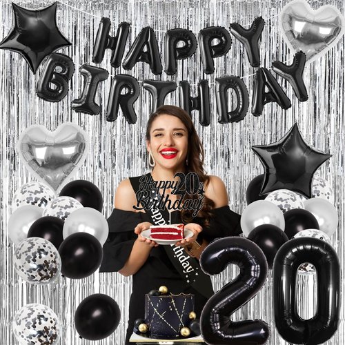 20th Birthday Party Decorations Black 20 Year Old Birthday Decorations Kit for Men Women Happy Birthday Banner Balloon Sash Cake Topper Silver Fringe Curtain Star Heart Balloon 20th Birthday Supplies