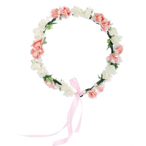 Onwon Multicolor Rose Flower Wreath Headband Floral Crown Garland Halo Hair Band for Wedding Festivals Photography Travel Performance Hair Accessories (1 Peachy Pink & White)