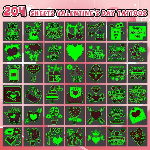 EMOME 204 PCS Individually Wrapped Luminous Valentine's Day Temporary Tattoo Kids, Glow Kiss Heart Tattoos Temporary for Women Kids, Valentine's Day Accessories Decorations Gifts Party Favors Supplies