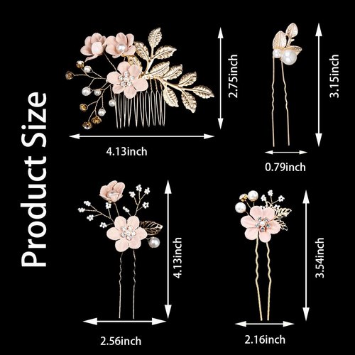 7 PCS Bridal Flower Wedding Hair Clips Crystal Pearl Hair Pins Headpiece Side Bridal Comb Gold Wedding Hair Accessories Jewelry for Brides Bridesmaids Women Girls Updo(Pink)