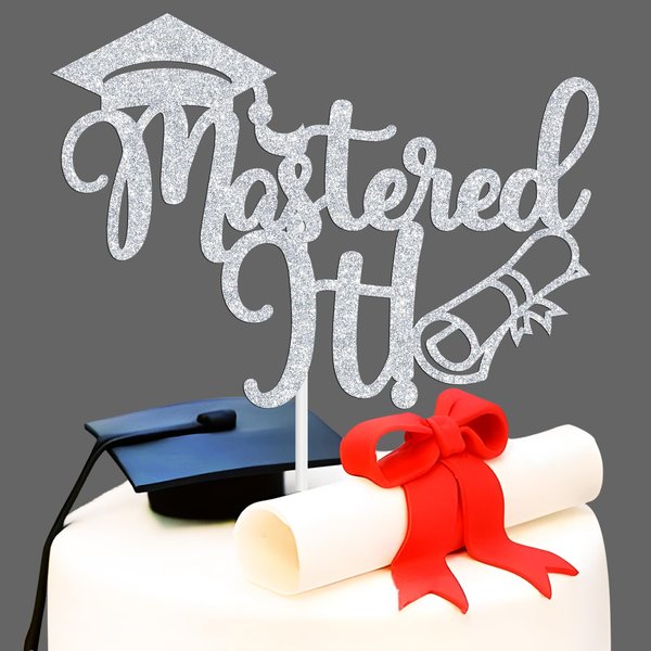 Mastered it Cake Topper, Happy Master's Degree/You Did It, Congrats Grad Graduate, Master Graduation Party Decorations Supplies, Silver Glitter