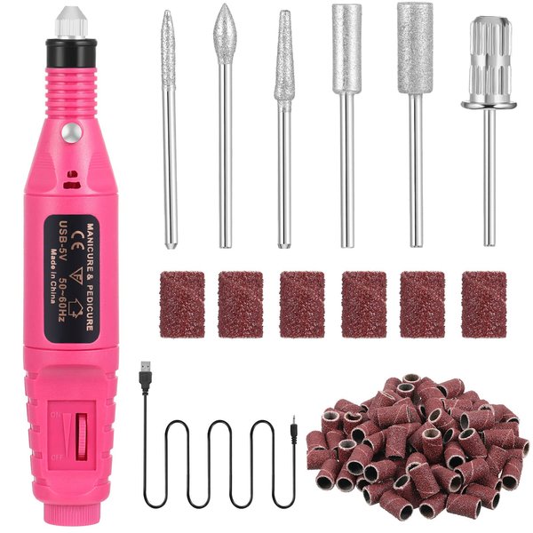 Electric Nail Drill Kit Portable Nail File Machine Nail Rotary Tool Manicure with USB Cable, Christmas Gift for Women (Rose Red Machine)