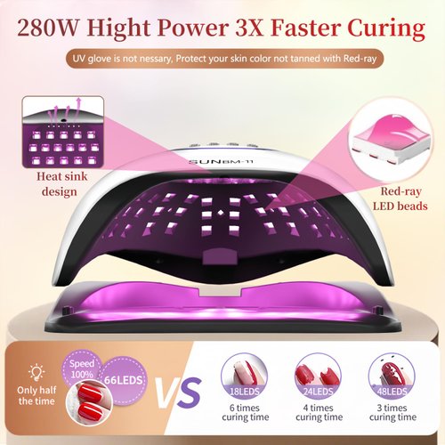 UV LED Nail Lamp, 280W Professional UV Nail Dryer Light for Gel Nails with 66 Beads, Fast Curing Gel Polish Lamp Auto Sensor 4 Timer Setting, Nail Art Drying Tools for Fingernail and Toenail