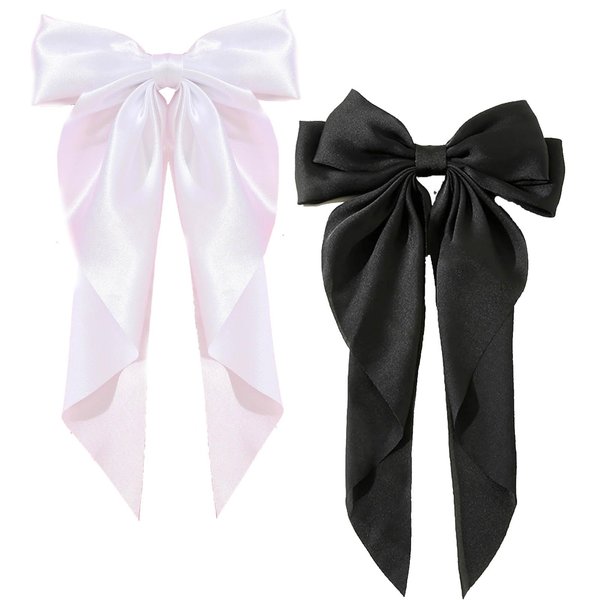 Yuyeran 2Pcs Super Big Bow Hair Clips French Style Soild Color Knotted Bowknot Spring Snap Barrettes Hair Clips with Long Ribbon for Women Girls (Black+White)