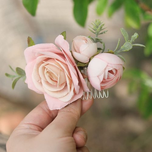 Fangsen Wedding Pink Rose Flower Hair Comb Spring Wedding Bridal Hair Accessory for Women and Girls Silver