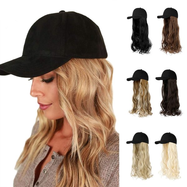AynnQueen Baseball Cap with Hair Extensions for Women Adjustable Hat with Synthetic Wig Attached 24inch Long Wavy Hair Black Baseball Cap (Light Brown)