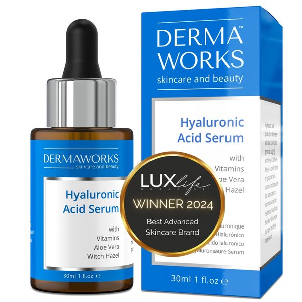 Hyaluronic Acid Serum for Face with Vitamin C – Plumping Hydrating and Brightening Anti Aging Skin Care - Facial Moisturiser and Eye Serum for Men and Women by DERMAWORKS Skincare & Beauty