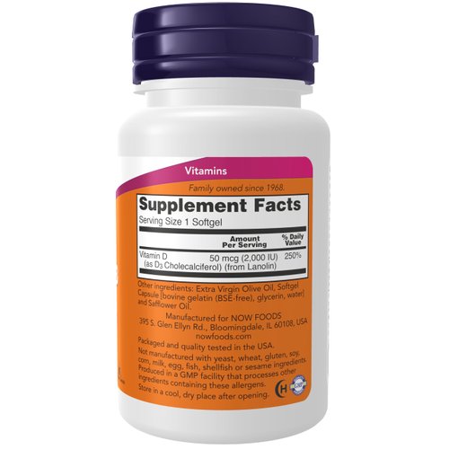 NOW Supplements, Vitamin D-3 2,000 IU, High Potency, Structural Support*, 120 Softgels
