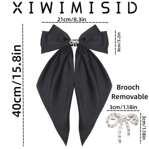 XIWIMISID Big Bow Hair Clips for Women And Girls Cute Hair Accessories Silky Satin Bows Barrettes Oversized Long Tail Ribbons Metal Hairpin 2pcs (black+white)