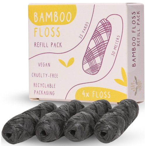 ECO ROOTS Organic Bamboo Floss Refill x4 Rolls, Eco Friendly Dental Charcoal Floss | Reusable & Vegan Bamboo Tooth Flossers | Zero Waste, Plastic Free, Biodegradable