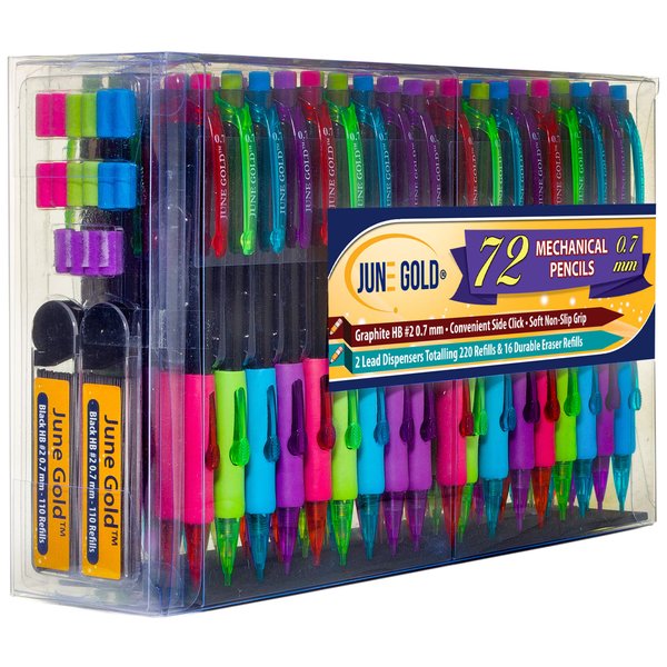June Gold 72 Mechanical Pencils, 0.7 mm HB #2 Lead, 2 Lead Dispensers/w 220 Refills & 16 Erasers, Break Resistant Lead, Convenient Side Click & Soft Non-Slip Grip