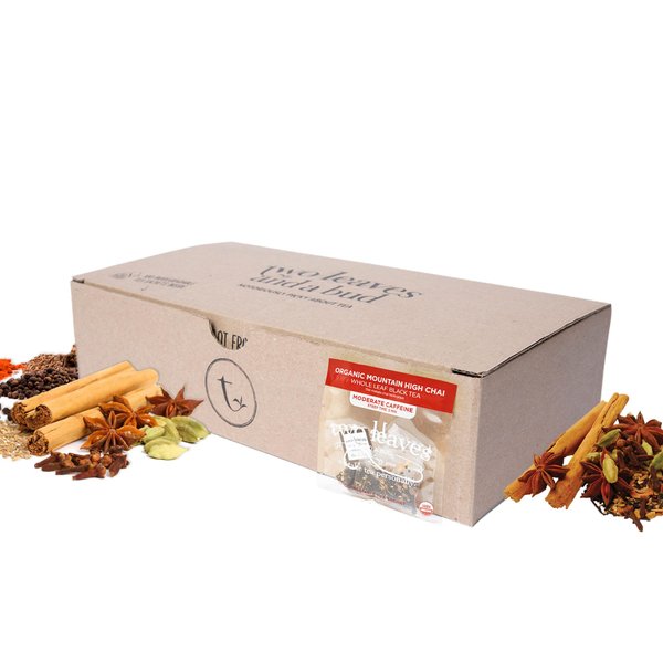 Two Leaves and a Bud Organic Mountain High Chai Tea Bags, Whole Leaf Black Tea and Spices in Compostable Sachets, Add Milk and Sweetener or Drink Plain, 100 Count (Pack of 1)