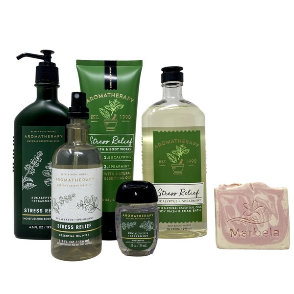 Bath & Body Works Aromatherapy Stress Relief Eucalyptus Spearmint Gift Set Body Lotion - Body Wash + Foam Bath - Body Cream - Essential Oil Mist - Hand Gel - with a Himalayan Salts Springs Sample Soap