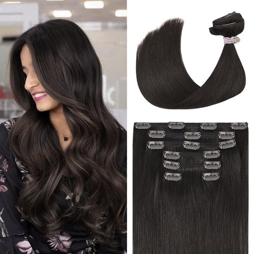 UGOTRAYS Dark Brown Clip in Hair Extensions Real Human Hair 70g 15 inches 100% Remy Human Hair Clip in Extensions Straight Double Weft for Full Head 7pcs 16clips One Pack #2 Brown Hair Extensions